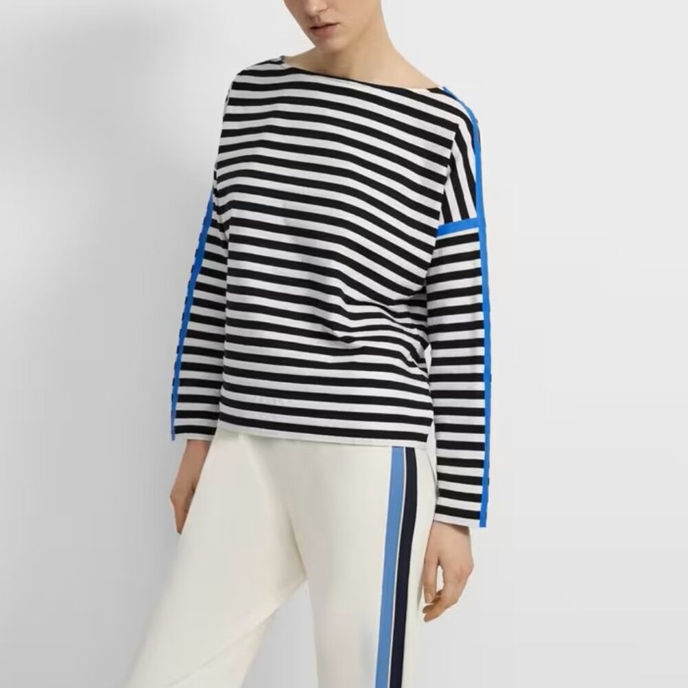 Theory Cotton and Linen Striped Long Sleeve Top